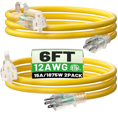 POWGRN 2 Pack 6 ft 12/3 Outdoor Extension Cord Waterproof Heavy Duty with Lighted Indicator End 12 Gauge 3 Prong, Flexible Cold-Resistant Long Power Cord Outside, 15Amp 1875W Yellow ETL Listed - color: Yellow, size: 6 FT-2pc