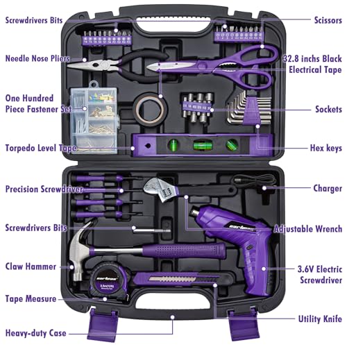 CARTMAN 149-piece Tool Set with Purple Cordless Screwdriver Essential Household Tool Box Hand Tool Kit - style: 149 PURPLE