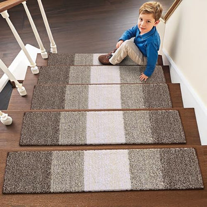 OLANLY Stair Treads Non Slip 15PCS, 8" x 30" Indoor Stair Runners for Wooden Steps, Edging Stair Rugs with Reusable Peel and Stick Adhesive for Kids Elders and Pets, Light Brown - color: Light Brown