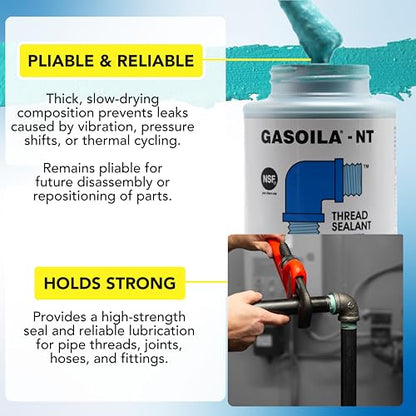 Gasoila NT Pipe Thread Sealant, High-Performance Leak Protection, NSF, Made in USA, Free of PFAS, 1/2 Pint Brush-in-Cap, -50°F to 400°F, for Metal & Plastic, Seals to 6,000 PSI - size: 1/2 Pint