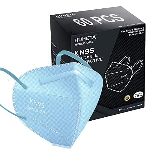 HUHETA KN95 Face Mask 60 PCs, 5-Ply Safety Masks for Men & Women, Filter Efficiency Over 95% Individually Wrapped (Blue Mask) - color: Pure Blue
