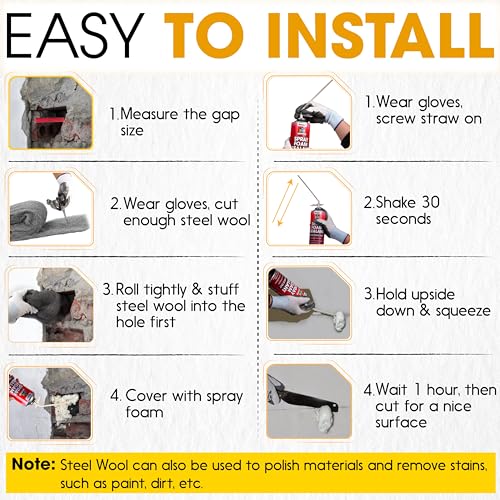 [Upgraded] Rodent Barrier Kit, Steel Wool Included PU Spray Foam Hole Filler for Mice Control 3.2"x7.5’ Rodent Control Fill Fabric, Gloves, Scissors,Gap Blocker in Hole Pipeline Vent in House, Garage - style: 1Pcs Steel Wool + 1Pcs Spray Foam