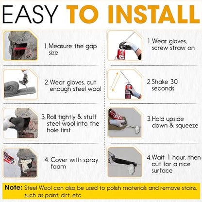 [Upgraded] Rodent Barrier Kit, Steel Wool Included PU Spray Foam Hole Filler for Mice Control 3.2"x7.5’ Rodent Control Fill Fabric, Gloves, Scissors,Gap Blocker in Hole Pipeline Vent in House, Garage - style: 1Pcs Steel Wool + 1Pcs Spray Foam