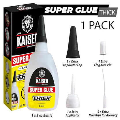 Der Kaiser Thick CA Super Glue (2 oz) – Gap-Filling Cyanoacrylate Adhesive – 15-30 Sec Cure – Pro Kit with Microtips – Wood, Plastic, Metal, 3D Printing, Hobby Models, DIY Repairs – 1,000-1,500 CPS - size: 2 Oz