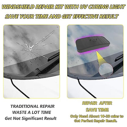CLAMPER Windshield Repair Kit, Windshield Crack Repair Kit 4 Pcs, Windscreen Repair Kit with Enhanced Injection Head Suction Cup UV Curing Light, Windshield Chip Repair Kit for Bulls-Eye (Yellow)