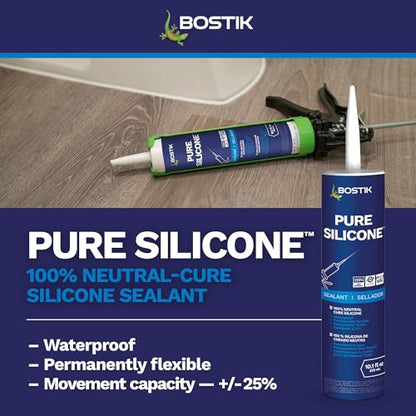 BOSTIK Pure Silicone White 10.1oz Silicone Caulk & Sealant for Kitchen & Bath | Professional Grade, 100% Waterproof | Internal/External Use | UV, Mildew, Shrink & Crack Resistant | 1 Cartridge - color: White