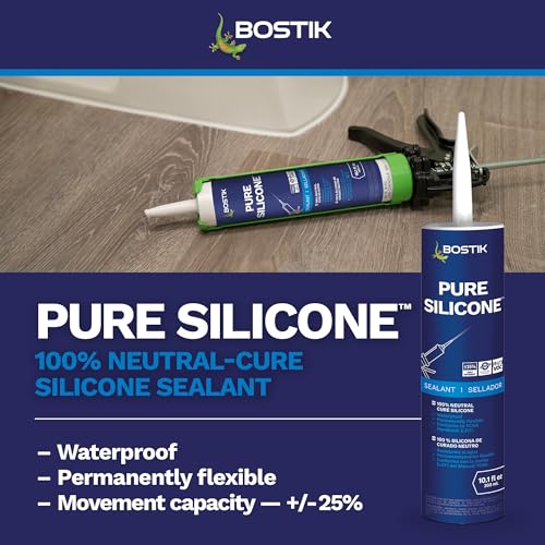 BOSTIK Pure Silicone Clear 10.1oz Silicone Caulk & Sealant for Kitchen & Bath | Professional Grade, 100% Waterproof | Internal/External Use | UV, Mildew, Shrink & Crack Resistant | 1 Cartridge - color: Clear