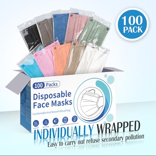 Disposable Face Mask For Adults - Travel Essentials, 100 Pack Individually Wrapped, 4 Ply Protection,Safety Masks Disposable - color: Colorful