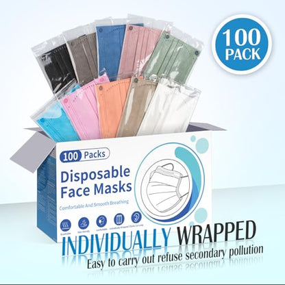Disposable Face Mask For Adults - Travel Essentials, 100 Pack Individually Wrapped, 4 Ply Protection,Safety Masks Disposable - color: Colorful