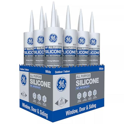 GE All Purpose Silicone Caulk, White, 10.1 fl oz Cartridge, 12 Pack - 100% Waterproof Silicone Sealant, Stronger Adhesion, Freeze & Sun Proof - color: White, style: 12 Pack