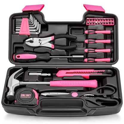 39pcs Pink Household Tool Set, Essential Hand Tool Kit with Plastic Toolbox for Home Repairs, DIY & Crafts, Perfect for Students & Everyday Use