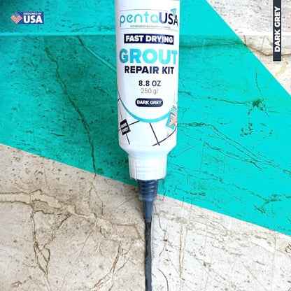 PentaUSA Tile Grout Repair Kit - Premixed Acrylic Sanded Grout for Bathroom, Shower & Kitchen, Water-Resistant Tube with Applicator, Fills Cracks and Gaps in Lines, Dark Gray (8.8oz/250gr) - color: Dark Grey