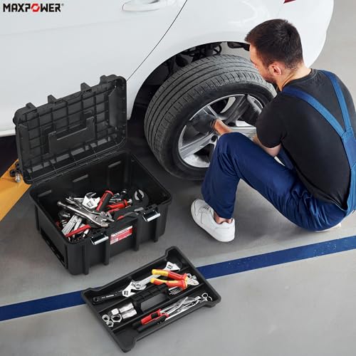 MAXPOWER 16 inch Plastic Tool Box, Black Deep Toolbox with Metal Latches and Removable Tray, Pack of 1 - style: 16" black