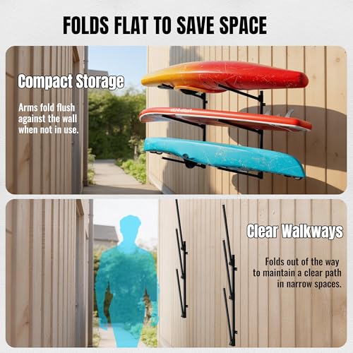 Kayak Wall Mount Rack, 45.3" Heavy Duty Canoe Storage Brackets, Foldable Space Saving Hanger, 304 Stainless Steel for Outdoor & Indoor, Fits SUP/Paddle Board(Black, 2-Tier) - size: H45.3"-2Kayaks-Wall Mount