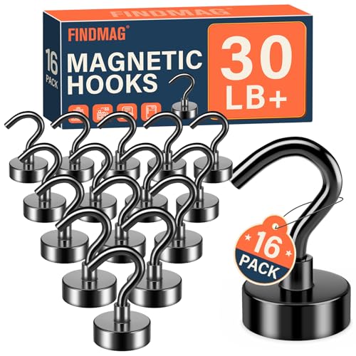 FINDMAG 16 Pack Magnetic Hooks, Black Neodymium Magnet Hooks, 30 LBS Strong Magnetic Hooks for Hanging, Magnet with Hooks for Home, Kitchen, Bathroom, Office - color: Black, size: 16Pack 28LBS+