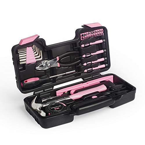 39-Piece General Tool Set-Essential Household Hand Tool Kit with Portable Toolbox Storage Case（Pink—Level Ruler））