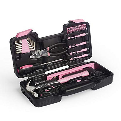 39-Piece General Tool Set-Essential Household Hand Tool Kit with Portable Toolbox Storage Case（Pink—Level Ruler））