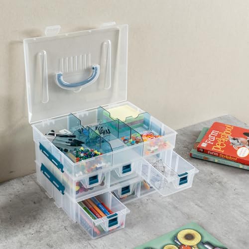 MyGift 11 Inch Clear Arts and Crafts Stackable Container, Sewing Supplies Storage Organizer Case with Blue Accents, 24 Customizable Compartments, and 6 Drawers with Removable Dividers - color: Blue