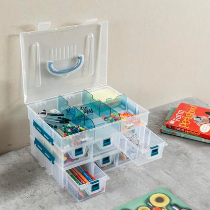 MyGift 11 Inch Clear Arts and Crafts Stackable Container, Sewing Supplies Storage Organizer Case with Blue Accents, 24 Customizable Compartments, and 6 Drawers with Removable Dividers - color: Blue