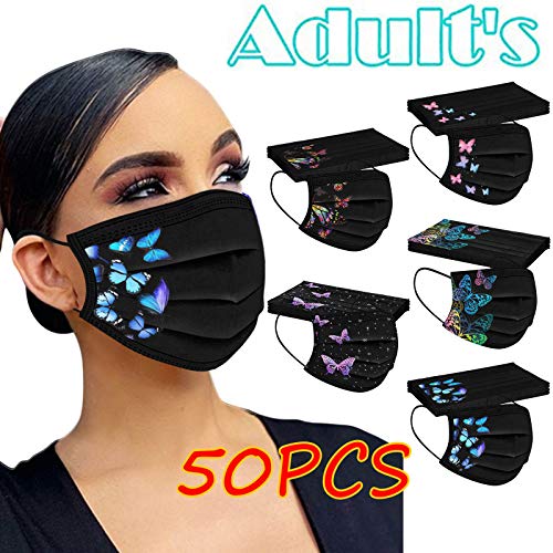 50Pcs Black Face Mask Adult Breathable Mask Butterfly Protective 3Ply Earloop Face Mask for Men Women