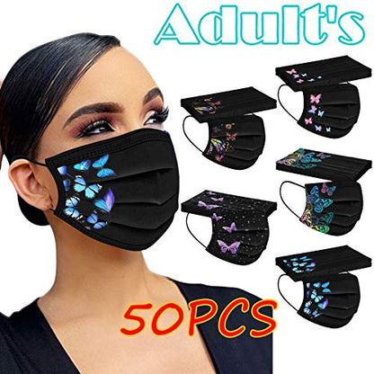 50Pcs Black Face Mask Adult Breathable Mask Butterfly Protective 3Ply Earloop Face Mask for Men Women