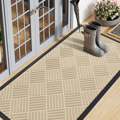 Smiry Front Door Mat Outside Entrance, Heavy Duty Outdoor Indoor Natural Rubber Doormat, Non Slip, Trap Dirt and Moisture, Easy Clean, Low Profile Patio Porch Entryway Mat, 59x23, Beige - color: Beige, size: 59" X 23"