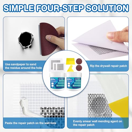 Drywall Repair Kit – 2×8.47 oz Putty Jars with 2×2″ & 4×4″ Wall Patch Mesh, Small & Large Scrapers & 2 Sandpapers | Quick-Dry Spackle & Sheetrock Crack Filler for Wall, Ceiling & Plaster Repair - color: 2 Pack & 3 Wall Patches