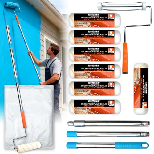 12-Pack 9 Inch Paint Roller Kit with 3FT Extendable Pole, Microfiber Roller Covers, Frame, Plastic Drop Cloth, Painting Tools for Walls, Ceilings, Furniture, Home, DIY Renovation - color: 13 Pack, 9" roller
