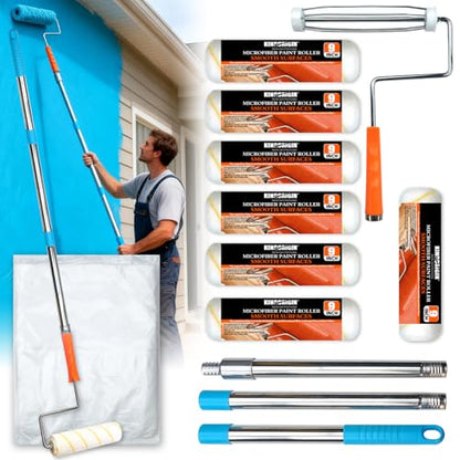 12-Pack 9 Inch Paint Roller Kit with 3FT Extendable Pole, Microfiber Roller Covers, Frame, Plastic Drop Cloth, Painting Tools for Walls, Ceilings, Furniture, Home, DIY Renovation - color: 13 Pack, 9" roller