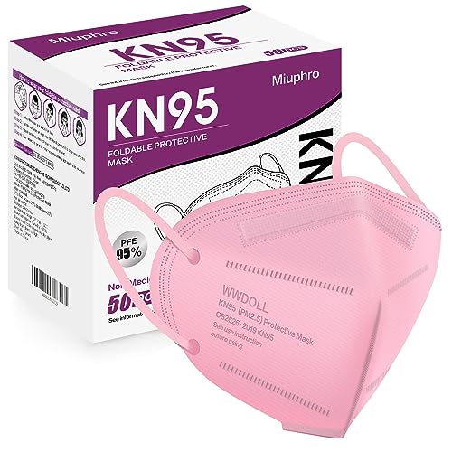 Miuphro 50 Pack Cup Dust Safety Disposable Masks, KN95 5-Layer Foldable Masks - color: Pink