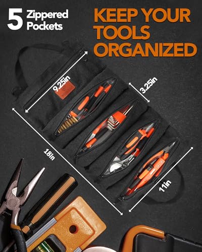 Roll Up Tool Bag, 16OZ Canvas Wrench Roll Up Pouch Multi-Purpose Tool Roll Organize, 5 Zippered Tool Pockets (Black) - color: Black, size: 5 Zipper Pockets