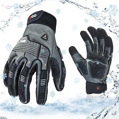 Vgo... 1 Pair -20℃/-4°F COLDPROOF,Winter Work Leather Gloves,Impact Gloves,Anti-Vibration,Water Resistant(CA7722FW) - color: Gray, size: XX-Large