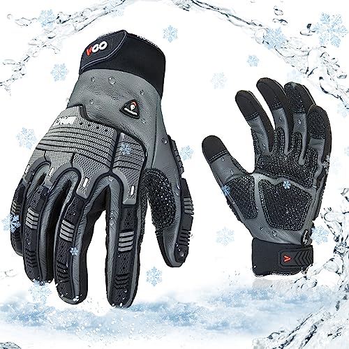 Vgo... 1 Pair -20℃/-4°F COLDPROOF,Winter Work Leather Gloves,Impact Gloves,Anti-Vibration,Water Resistant(CA7722FW) - color: Gray, size: Large