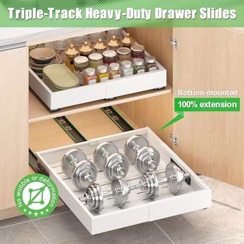 1 Pcs Pull Out Drawers for Cabinets Organizer Expandable Width(11.8"-19.4"), Depth(16.45"-21.7") With 3 Rails, No Drill Roll Out Drawer, Adhesive Sliding Drawers - color: White