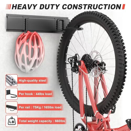 Ultrawall Bike Storage Rack, Wall Mount Bicycle Rack Vertical Bike Hanger for Garage, Home, 6 Bike Racks & 6 Helmet Hooks, Holds Up To 660lbs - size: 64in for 6 Bikes & 6 Helmets