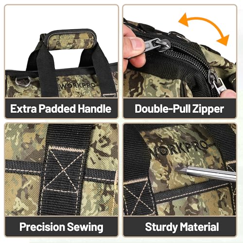 WORKPRO 16-Inch Wide Mouth Tool Bag, Multi-Pocket Tool Bags for Men with Adjustable Shoulder Strap, Waterproof Oxford Fabric and Sturdy Buttom - color: Camouflage