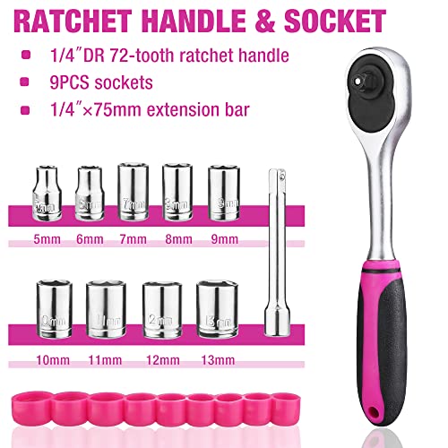 ValueMax Pink Tool Kit, 218-Pieces Home Repairing Tool Set, Household Tool Kit with Wide Mouth Open Storage Bag, Household Hand Tool Set for DIY, Gifts and Basic Home Maintenance