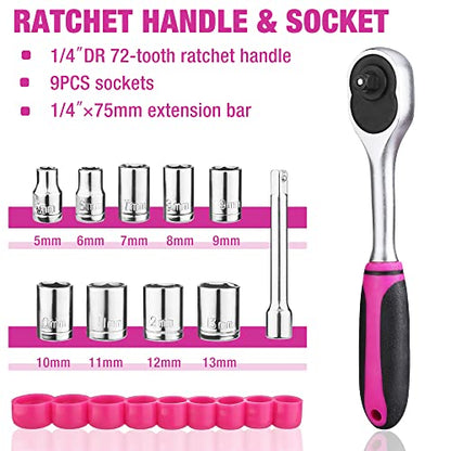 ValueMax Pink Tool Kit, 218-Pieces Home Repairing Tool Set, Household Tool Kit with Wide Mouth Open Storage Bag, Household Hand Tool Set for DIY, Gifts and Basic Home Maintenance