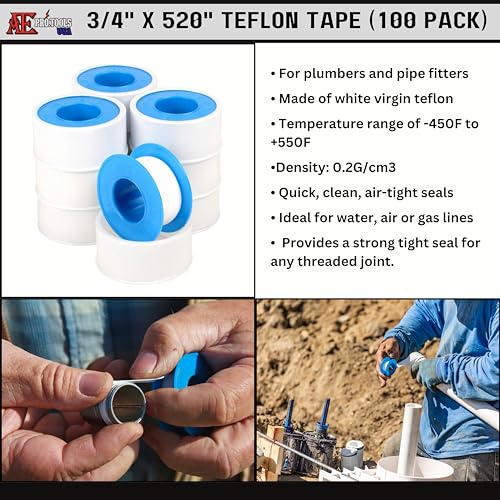 ATE Pro. Tools - Teflon Tape, Industrial Sealant Tape, Threaded Pipe Tape, Plumbing Tape, Temperature Range of -450F to +550F, 3/4" X 520" Teflon Tape, White Tape - 100 Pack