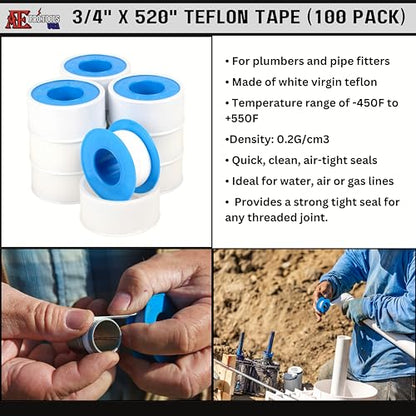 ATE Pro. Tools - Teflon Tape, Industrial Sealant Tape, Threaded Pipe Tape, Plumbing Tape, Temperature Range of -450F to +550F, 3/4" X 520" Teflon Tape, White Tape - 100 Pack