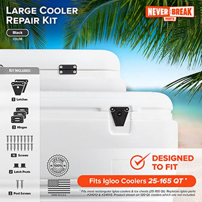 NeverBreak Parts - Igloo Cooler Replacement Parts - Large Repair Kit | High Strength Igloo Cooler Hinges Replacement with Latches | Ice Chest Repair Kit - color: Black