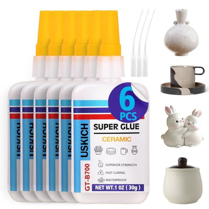 Super Glue for Porcelain and Pottery Repair with Anti Clog Cap. 6 x 1 fl oz,CA Glue - Clear Ceramic Repair Adhesivefor Dishes, Tiles, DIY Crafts, Quick Dry - style: Ceramic-Glue