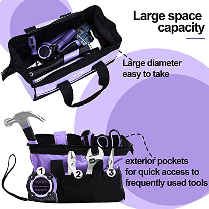 ACOSEA Purple Tool Bag,13 Inch Wide Mouth Open Tool Organizer with 12 Storage Pockets