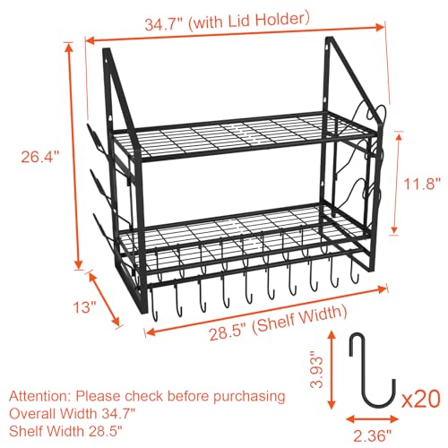 VyGrow 28 Inch Pot Rack Wall Mounted, 2 Tier Pots and Pans Organizer with 20 Hooks and 6 Pot Lid Holders, Heavy Duty Steel Pot and Pan Hanger for Kitchen Cookware Utensils Storage 34.7" Lx13 Wx26.4 H - color: 28"W 2 Tier Black