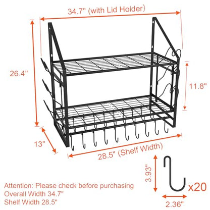 VyGrow 28 Inch Pot Rack Wall Mounted, 2 Tier Pots and Pans Organizer with 20 Hooks and 6 Pot Lid Holders, Heavy Duty Steel Pot and Pan Hanger for Kitchen Cookware Utensils Storage 34.7" Lx13 Wx26.4 H - color: 28"W 2 Tier Black