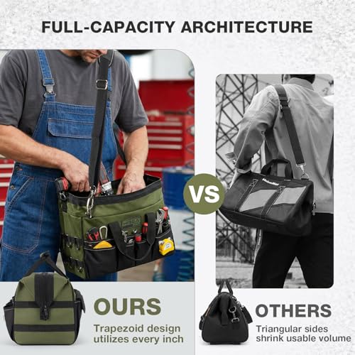 HISEA Heavy Duty Tool Bag 20 Pockets, 16-Inch Portable Tool Box Organizer, 600D Waterproof Wide Mouth Large Storage Toolbag for Electrician, Tradesman with Adjustable Shoulder Strap