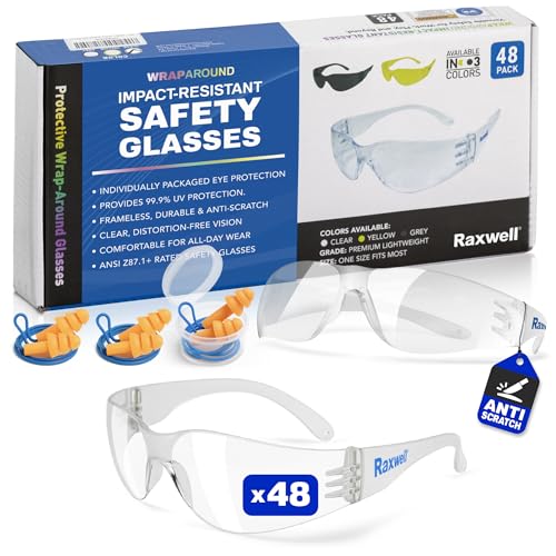 Raxwell Clear Safety Glasses, ANSI Z87.1 Certified Protective Eyewear,Wraparound Anti-Scratch Polycarbonate Lense