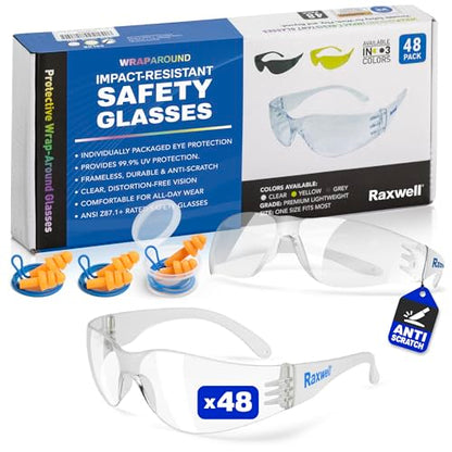 Raxwell Clear Safety Glasses, ANSI Z87.1 Certified Protective Eyewear,Wraparound Anti-Scratch Polycarbonate Lense