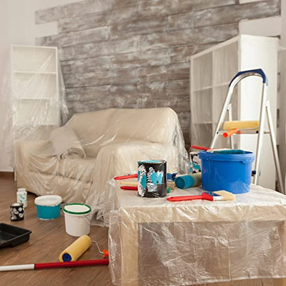 3-Pack Plastic Drop Cloth, 9x12 Feet Clear Plastic Painting Tarps Waterproof, 1 Mil Thick Drop Sheet for Furniture Couch Floor Cover - size: 3 Pack, 9'x12'