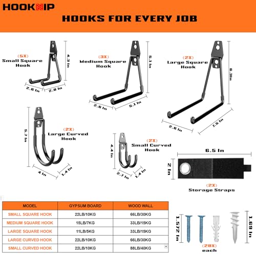 Pack 16 Garage Hooks Heavy Duty | Multi-Sized Wall-Mounted Tool Hangers with Anti-Rust PVC Coating | Heavy Duty Wall Hooks for Bikes, Ladders, Garden Tools, and More